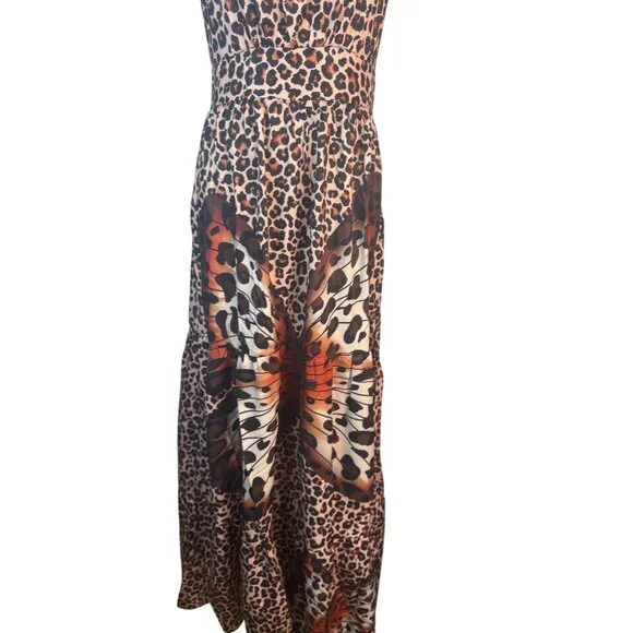 2/$50 NEW Leopard L Print Halter Boho Maxi Dress Butterfly Design Sleeveless - Picture 7 of 16